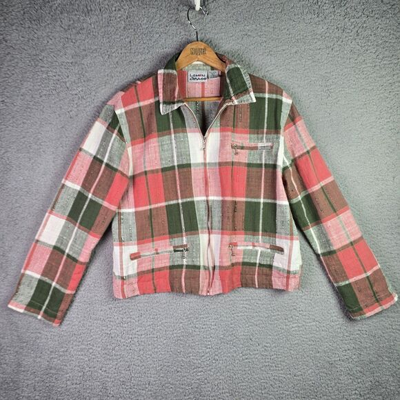 Plaid Crop Jacket Lemon Grass 14 Pink Green 100% Cotton Retro Zip Fall Vintage - Picture 9 of 11